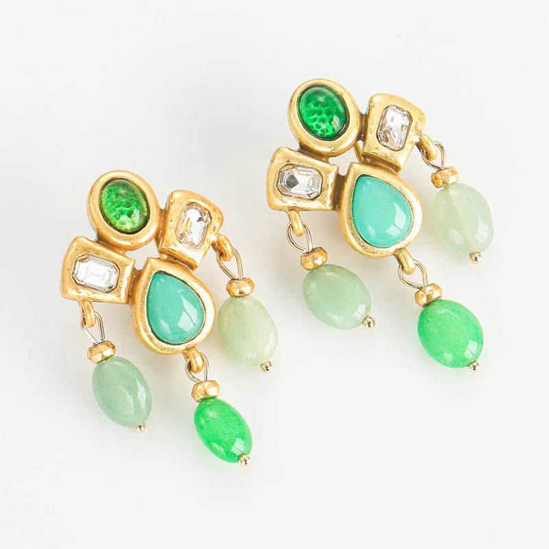 Vintage-Schmuck, Imitation Jade, Tropfen-Ohrringe für Damen, Quasten, Wassertropfen, grüner Naturstein, goldfarben, antiker Designer-Schmuck für Damen 2026