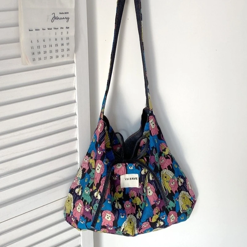 

ALIDI SC Новая двусторонняя сумка через плечо в стиле ретро с художественным клетчатым узором, модная универсальная джинсовая сумка с цветочным принтом для повседневного использования