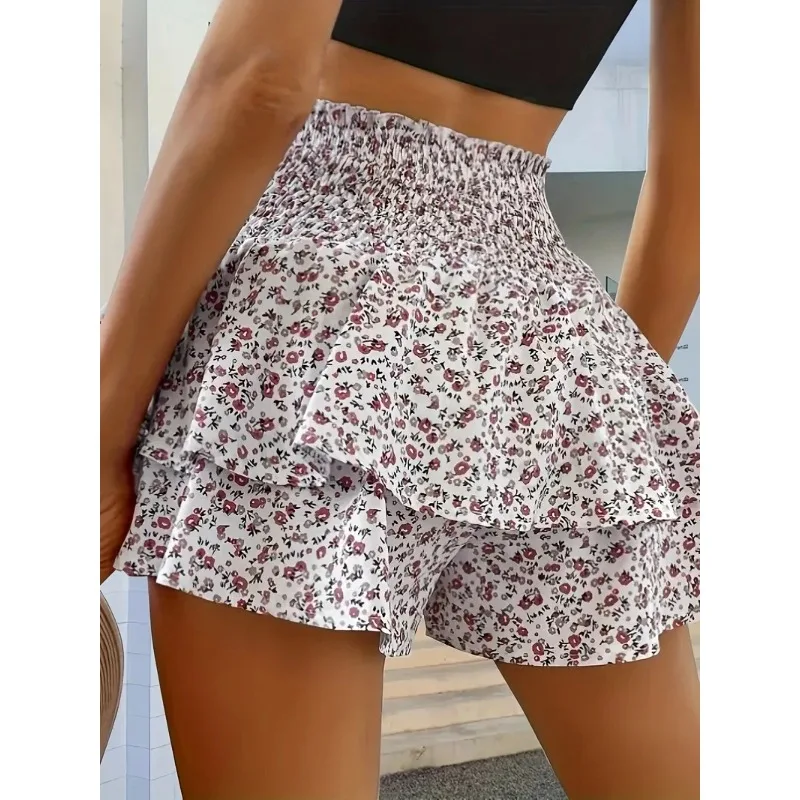 Spring and summer small floral print elastic waist elegant layered hem shorts fashion casual high waist shorts