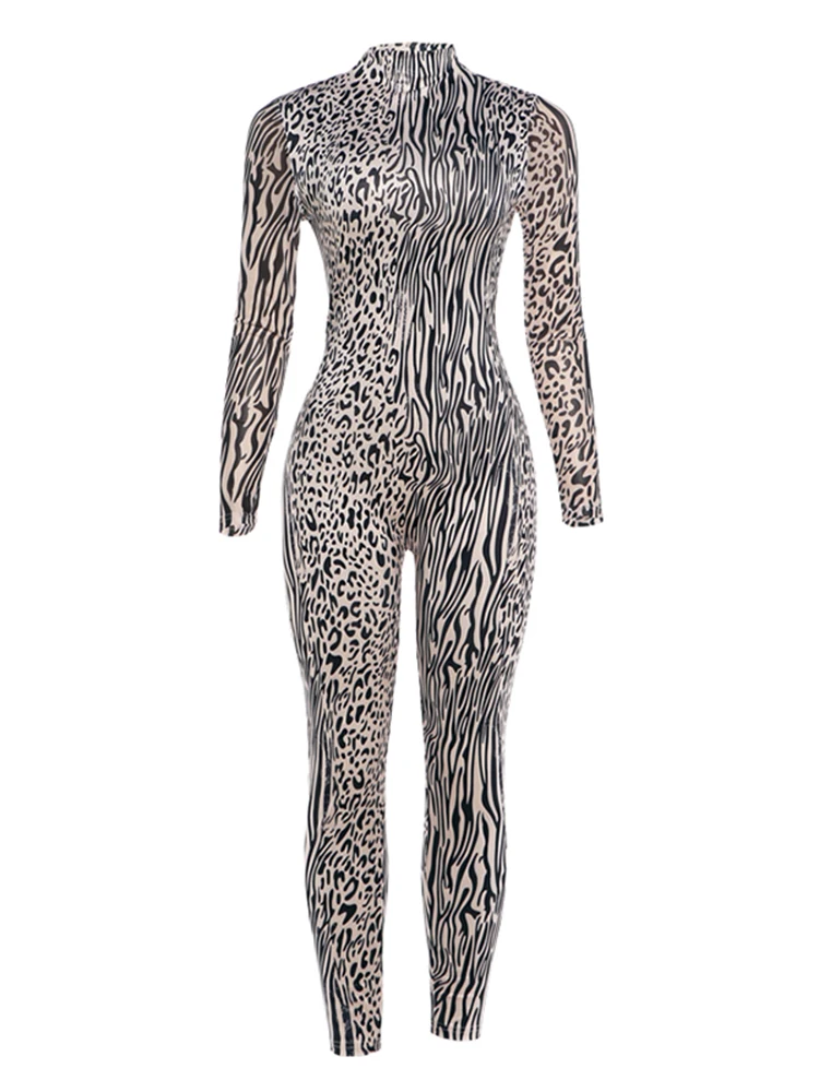 Weird Puss Sexy Mode-Jumpsuits für Damen, Leopardenmuster, Rollkragen, lange Ärmel, figurbetont, pfirsichfarben, heißer High-Street-Overall – Detail 2