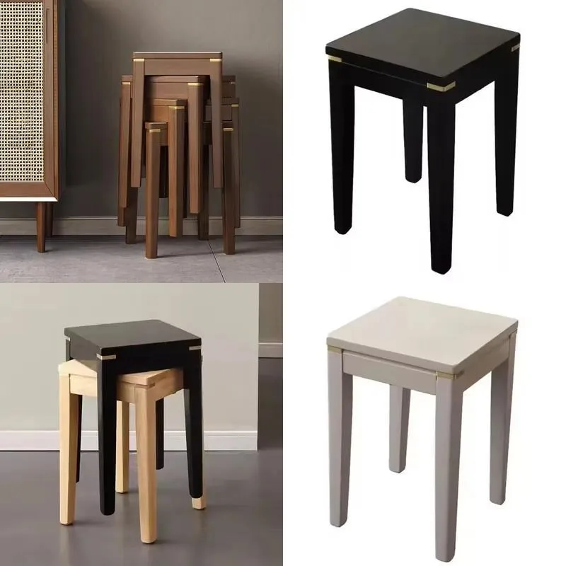 All Wood High Footed Square Stool Stackable Low Stool for Living Room Dining Table Bedroom Hotel Easy to Assemble