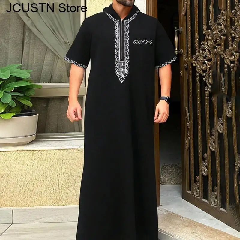 فستان رجالي مسلم 2025 نمط عرقي مطرز بأكمام طويلة وياقة واقفة قفطان ملابس إسلامية للرجال رداء بقلنسوة أنيق فاخر