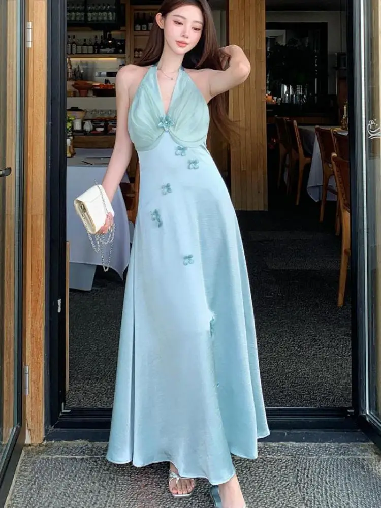 

Summer French Blue Patchwork Sexy Backless V Neck Halter Off Shoulder Long Dress Women Vacation Evening Party Dress 2025 Popular