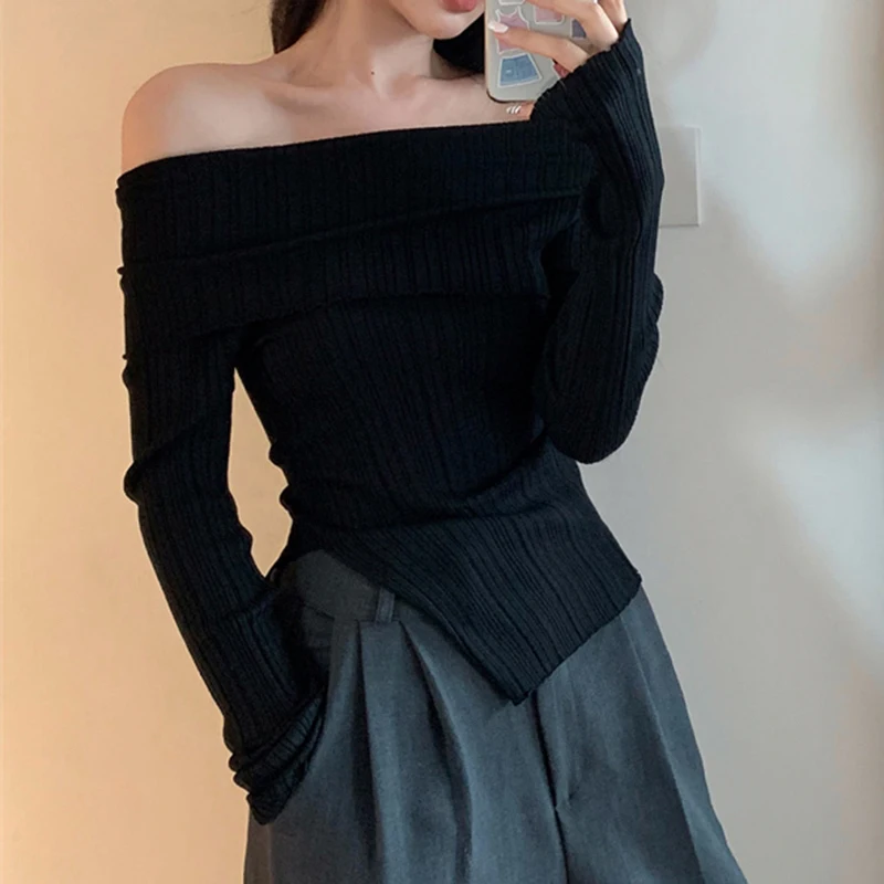 MEXZT Elegant Slash Neck Sweaters Women Irregular Split Knitted Jumpers Korean Slit Solid Basic Slim Pullovers Autumn Knitwear