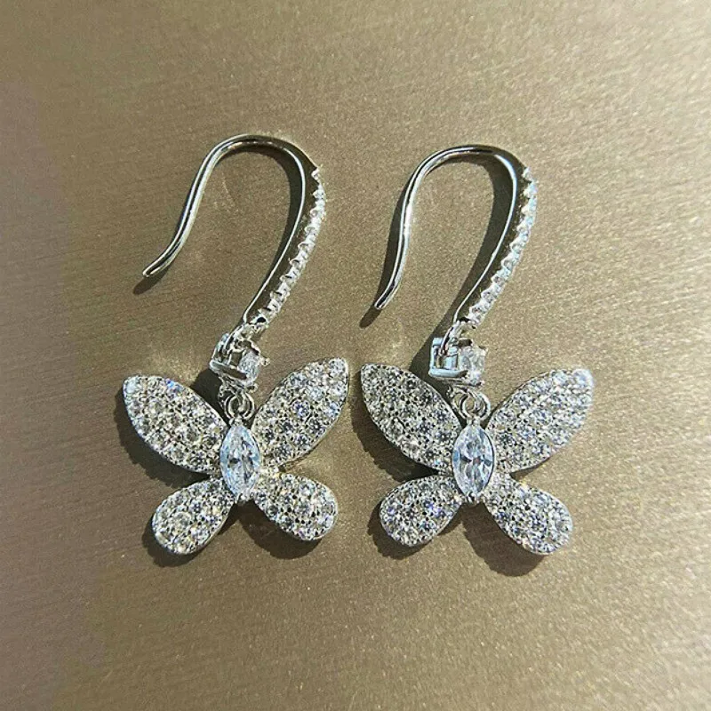 Huitan Trendy Butterfly Cubic Zirconia Dangle Earrings for Women Exquisite Girls Ear Accessories Silver Color Statement Jewelry