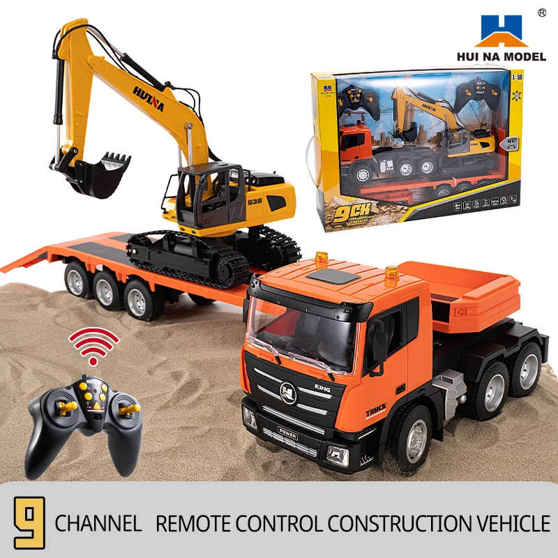 1:18 Huina Plastica 1319 RC Camion trattore assemblato con rimorchio a pianale Escavatore telecomandato Modello giocattolo da esterno