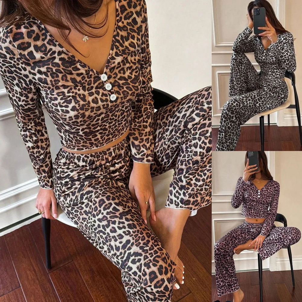 Women's Leopard Print Pajama Set V-Neck Long Sleeve Crop Top & Pants Lounge Wear Autumn Winter Sexy Home Suit 2 Piece Sleepwear