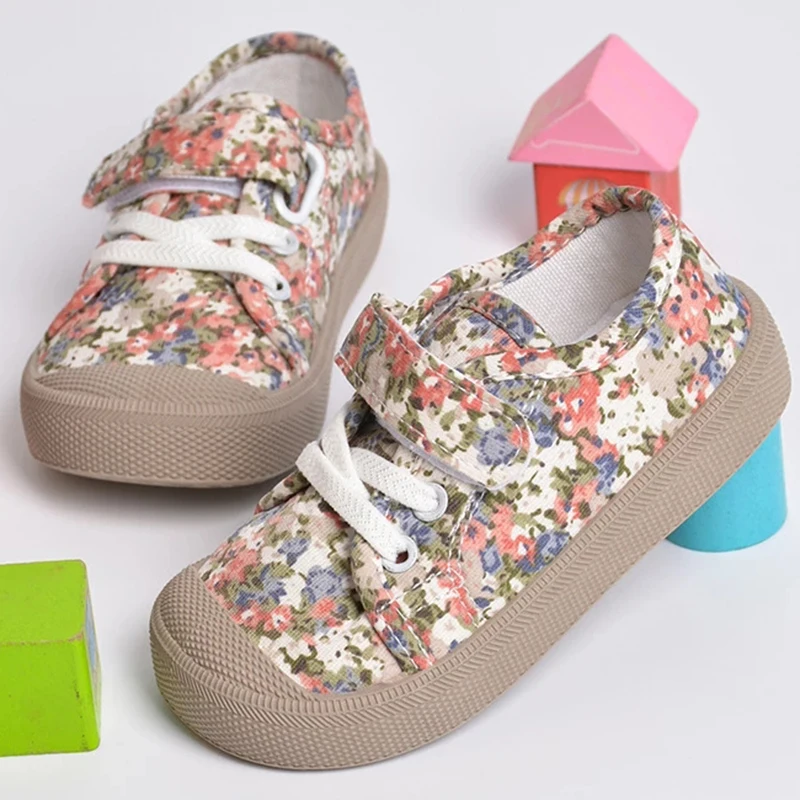 

New Girls Floral Sneakers Kids Flower Casual Shoes Hook&Loop Canvas Flats Soft Sole Sneakers Spring Cute Shoes for Girls