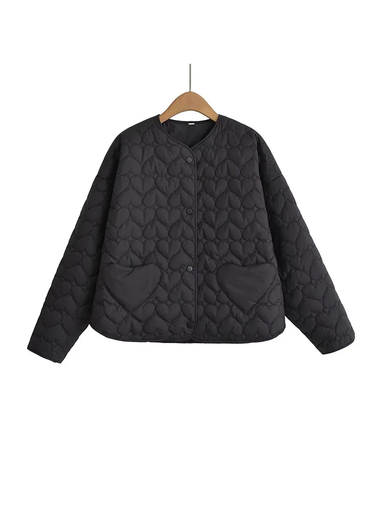 2024 autumn new style fashionable commuting versatile light heart-shaped pattern long-sleeved black loose cotton jacket