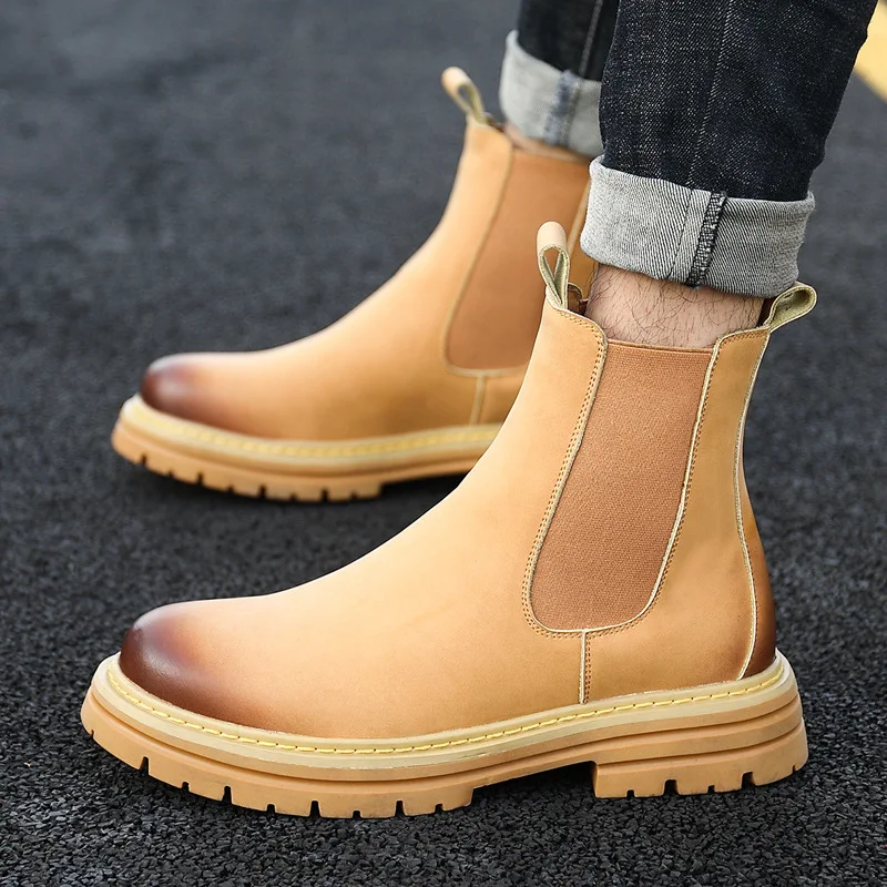 British style mens leisure chelsea boots original leather shoes cowboy autumn winter boot cool high top chimney botas masculinas