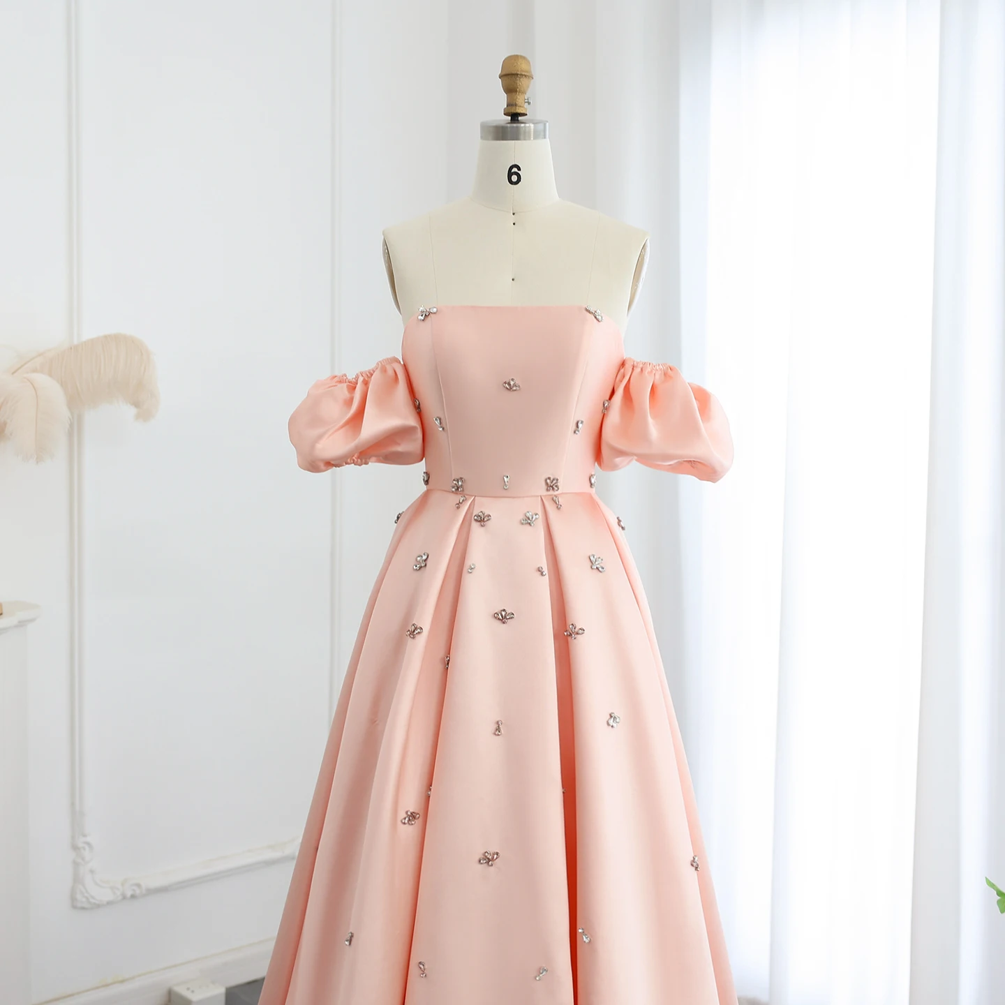 샤론 사이드 럭셔리 아랍 블러쉬 핑크 새틴 두바이 이브닝 드레스, 케이프 소매, 크리스탈 웨딩 파티 가운, SS442 맞춤형