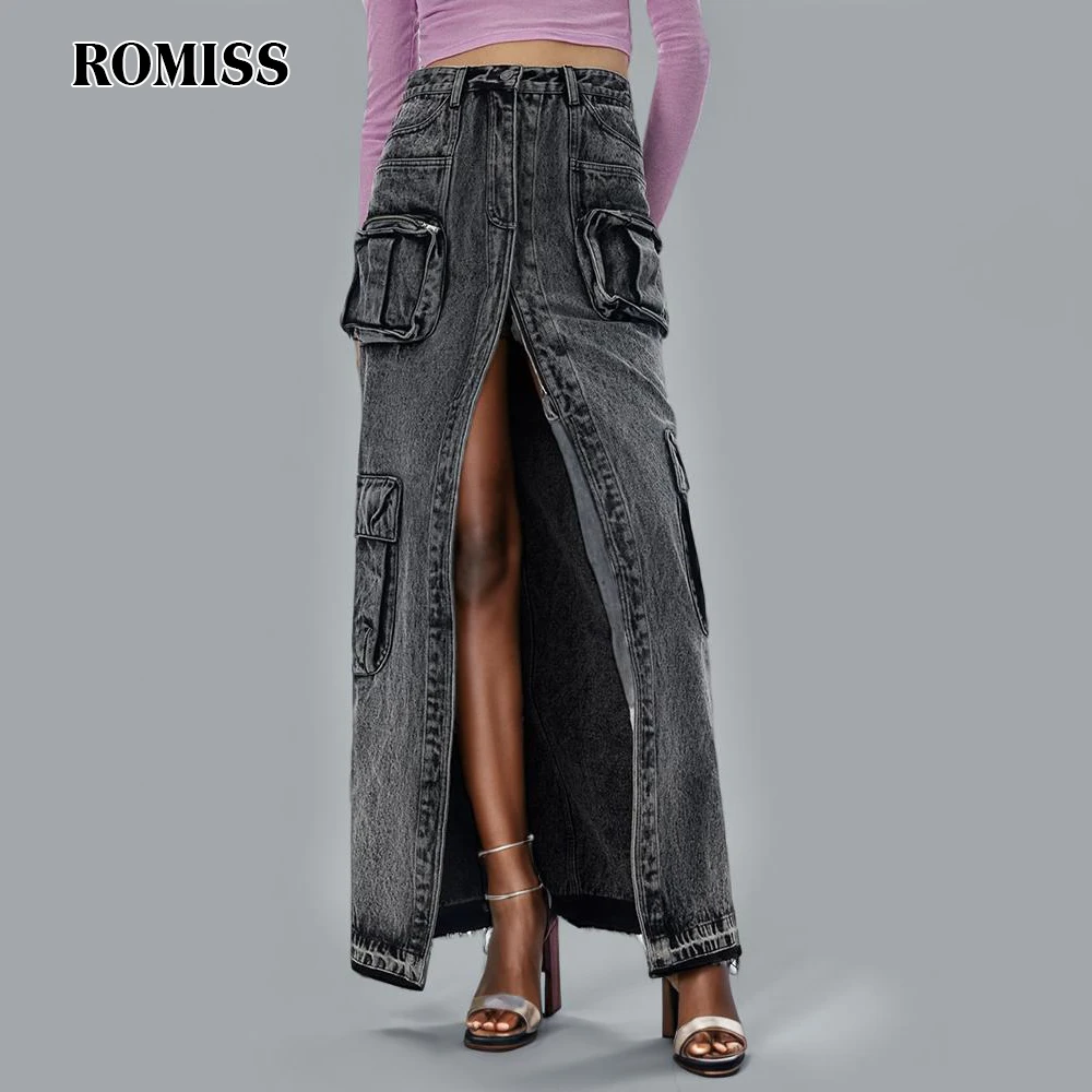 ROMISS Solid Designer Patchwork Pocket Skirt For Women High Waist Split Spliced Button Streetwear A Line Skirts Female New