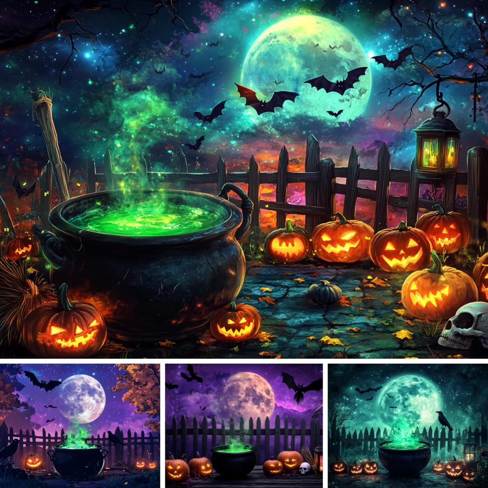 Halloween Witch Cauldron Backdrop Mist Lantern Full Moon Flying Bat Wooden Fence Skull Starry Night Spooky Photo Background