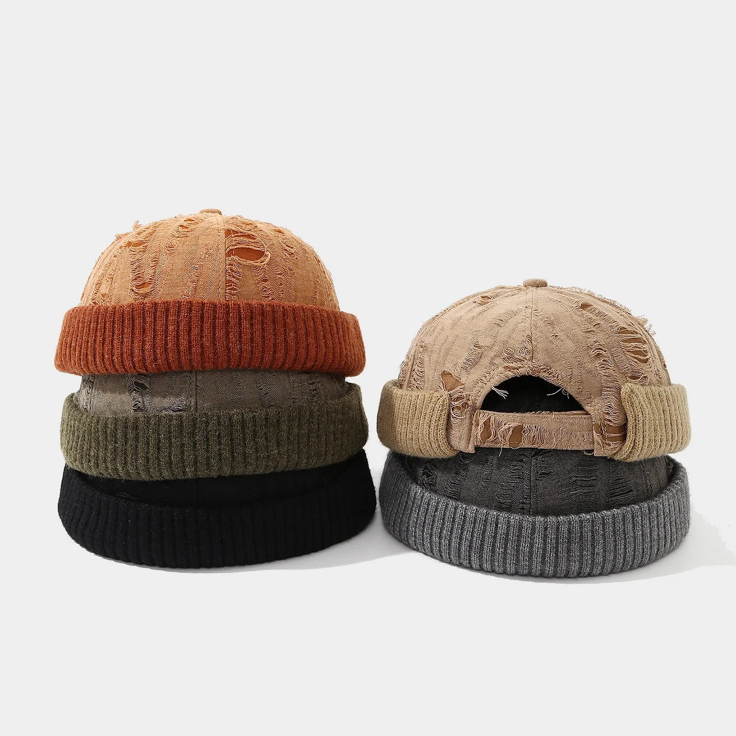 Fashionable patchwork, perforated knitted edge landlord hat, retro and aged, casual, cool and artistic style melon rind hat