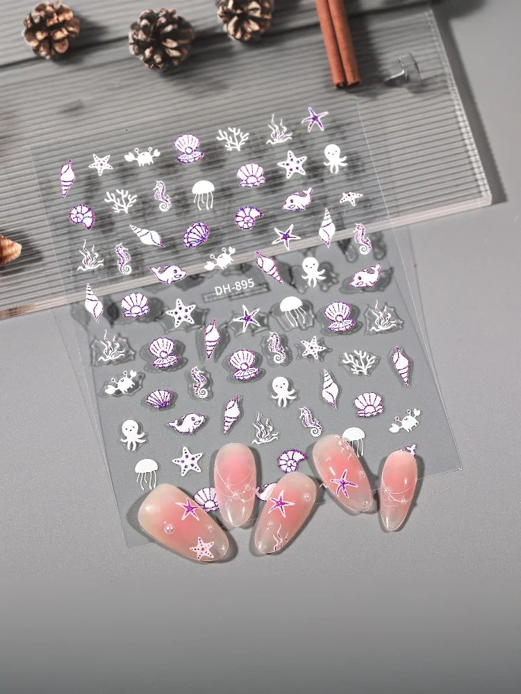 Accessori per ciondoli per unghie Adesivi per nail art con oceano dei cartoni animati Nuovo stile Decorazione per decalcomanie per unghie con conchiglie di stelle marine estive 3D