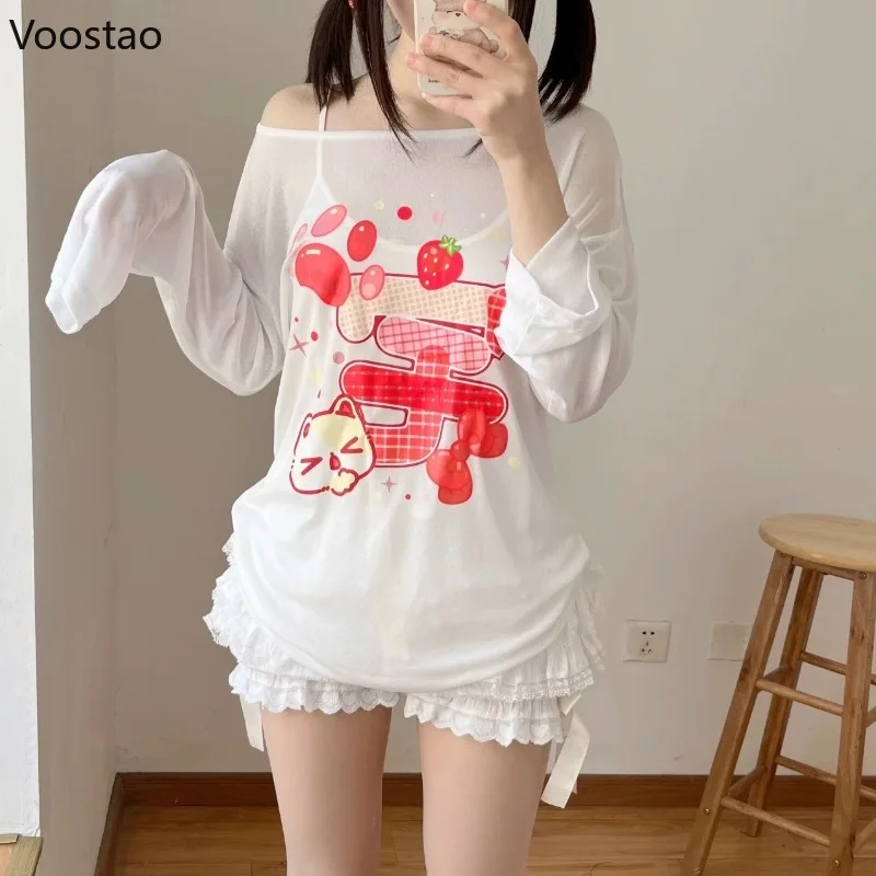 

Japanese Sweet Cartoon Strawberry Print Women T-shirt Loose Casual E-girl Long Sleeve Thin Tops Y2k Cute See-Through Lolita Tees