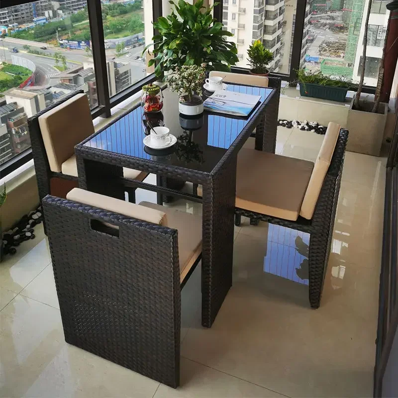 

Balcony rattan chair five piece set combination terrace outdoor courtyard sunroom leisure combined creative rattan woven chair