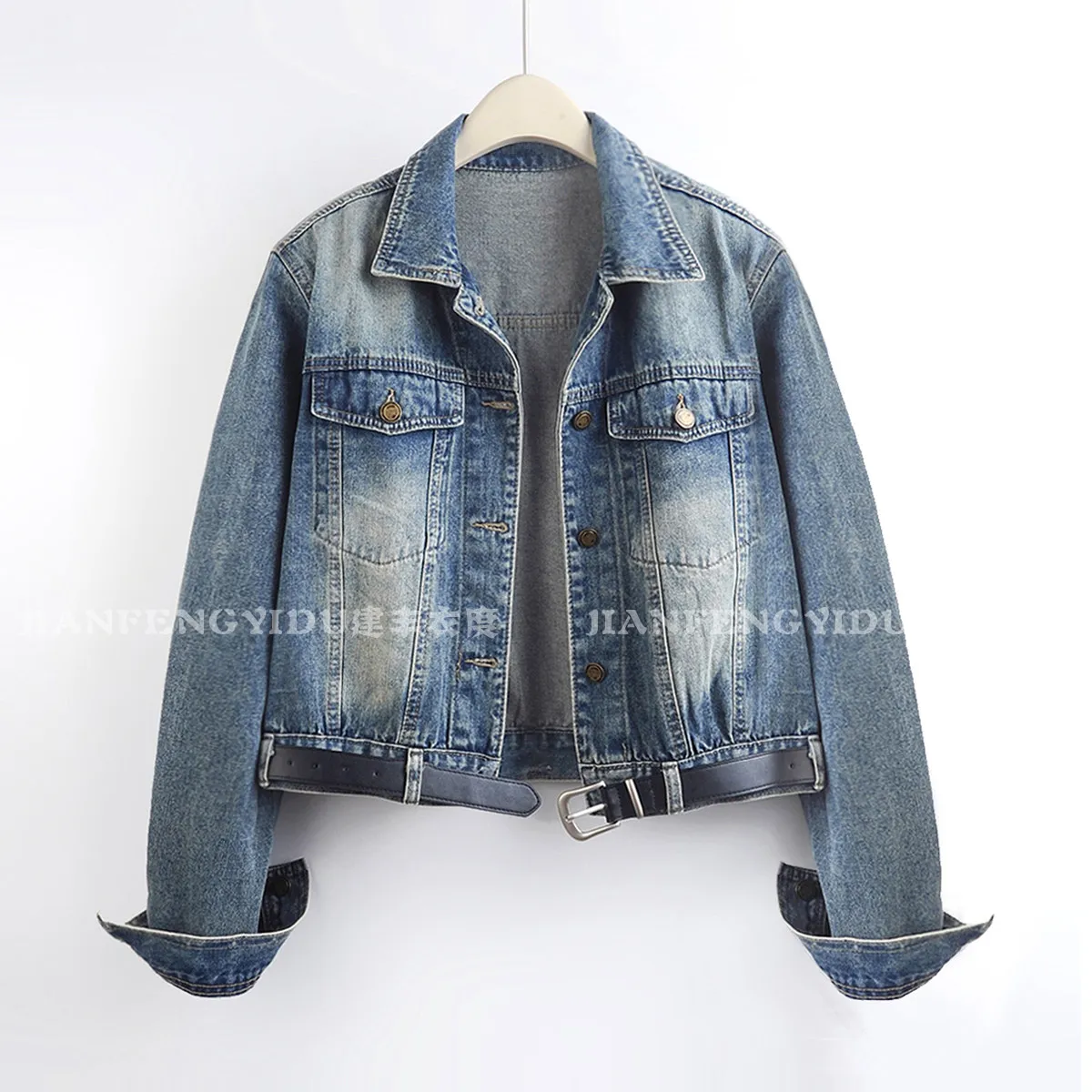 Autumn Women Blue Casual Short Cowboy Outerwear With Belt Turndown Collar Long Sleeve Jeans Jacket Female Basic Coat Ropa Mujer