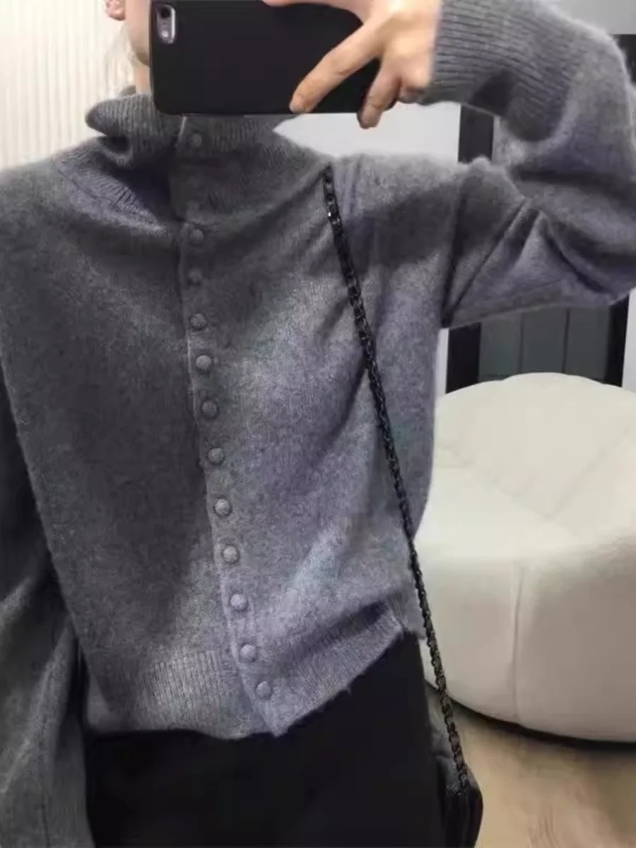 

Ladies' Knitted Wool Open Cardigan Loose Fit Stand Collar Coat Button down Sle Korean Faion Casual Wear Winter Season