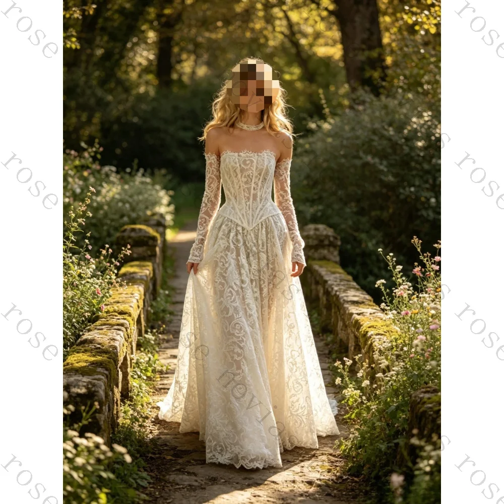 Customized Vintage Romantic Sheer Floral A Line Wedding Dress Off Shoulder Straight Sweep Train Corset Lace Sleeve Bridal Gown