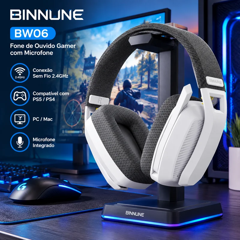 BINNUNE BW06 Fone de Ouvido Gamer sem Fio Bluetooth 5.3 com Microfone para PS5 PS4 PC Mac PlayStation, Headset Gamer 2.4GHz Estéreo para Gamers