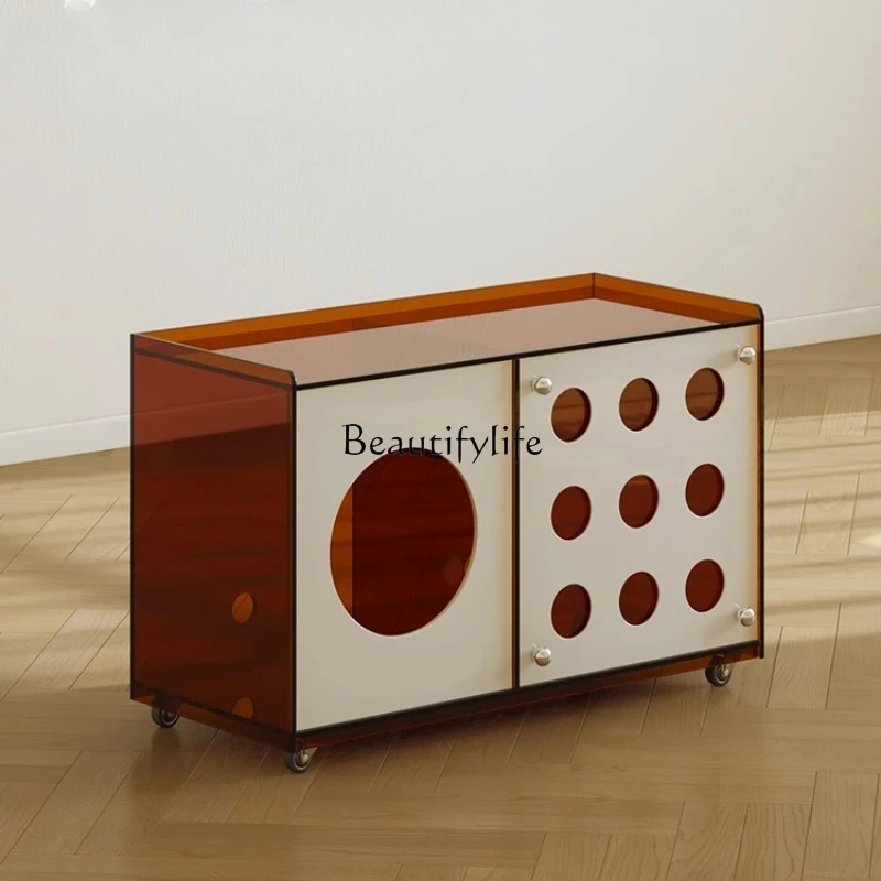 

Acrylic living room sofa side cabinet removable cat nest small side cabinet with wheels