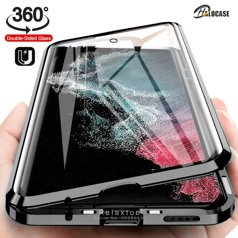 

Samung S23 Ultra 360° Double-Sided Tempered Glass Matel Bumper Full Protect Cover for Samsung S22 S21 S20 Ultra Magnet Flip