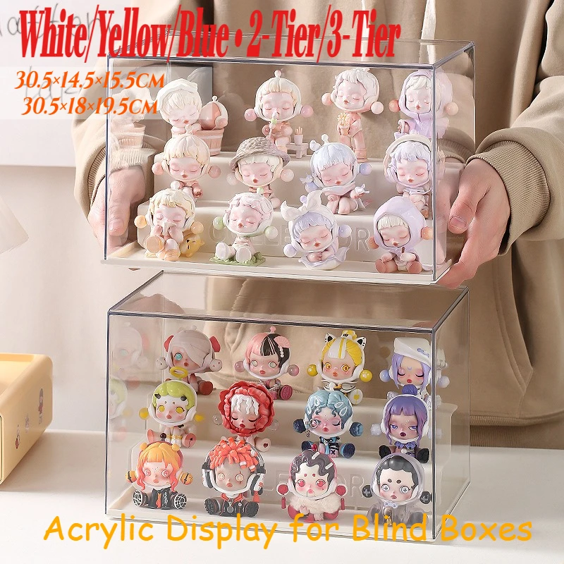 2-3 Tier Step White Yellow Blue Acrylic Display Rack for Popmart Molly Figs Blind Box Stackable Hot Sale