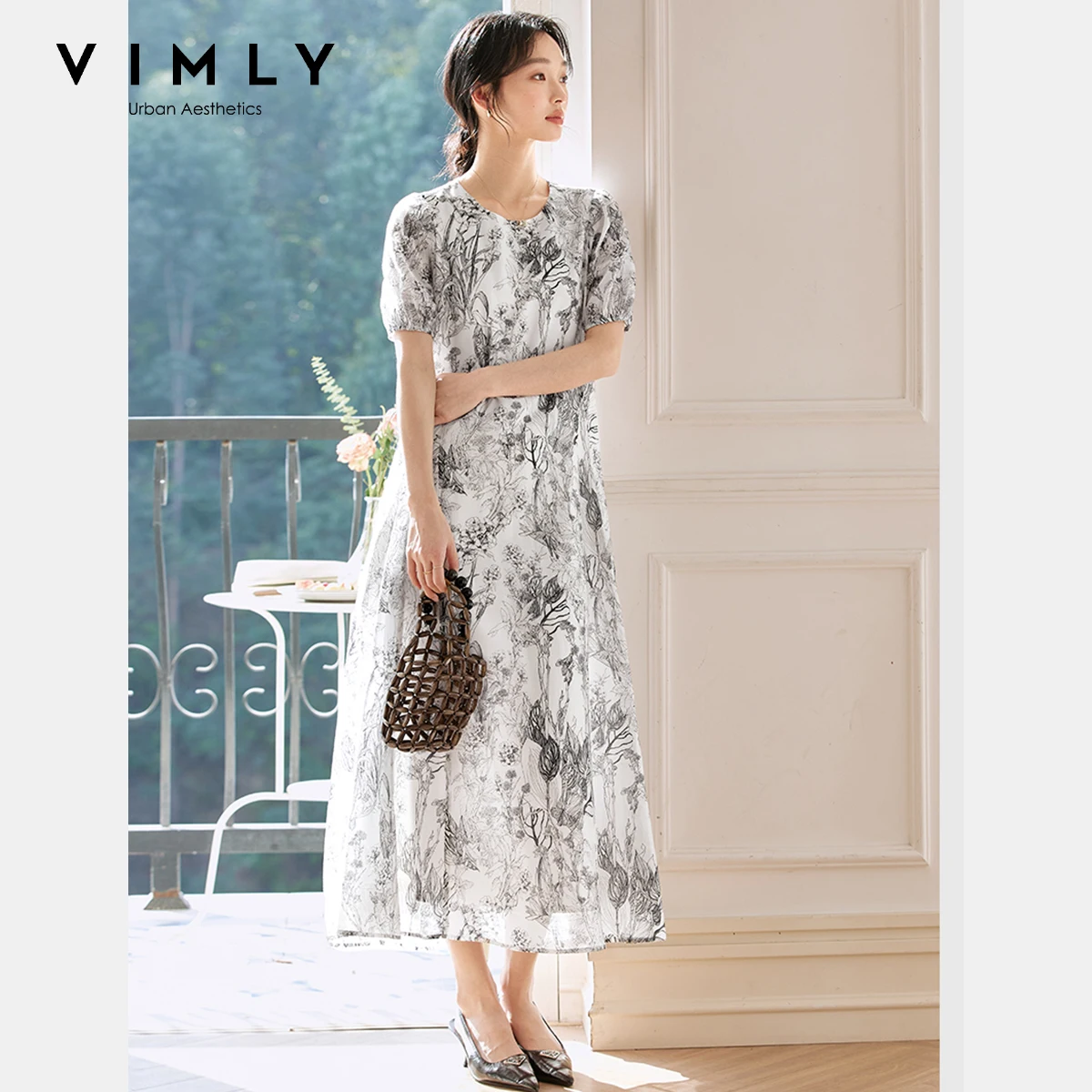 

VIMLY French Elegant Ink Floral Print Long Dresses Women Summer 2025 Round Neck Pullover Pockets Tied Waist Dress Woman A0389