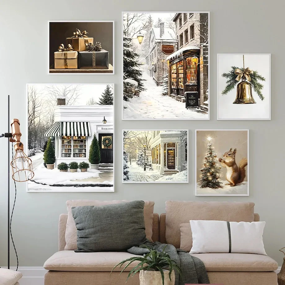 1pc frameless Canvas painting Winter Cabin Sleigh Snowman Christmas Tree Gift Squirrel Posters Prints Canvas Painting Wall Ar