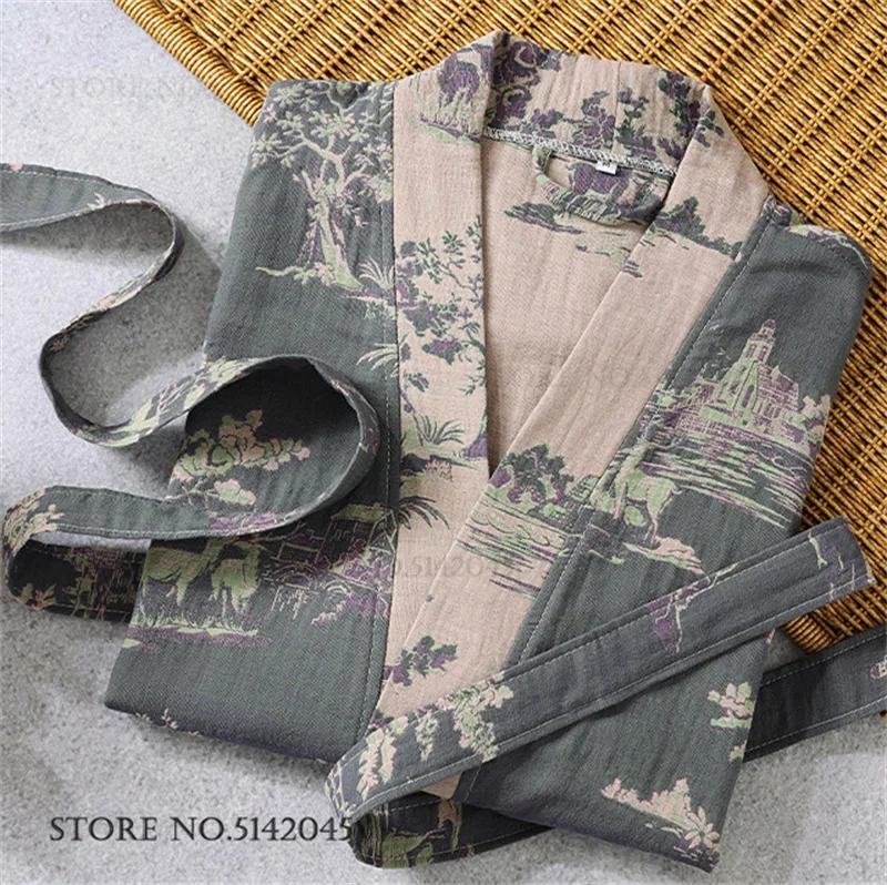 

Print Flower Couple Robe Kimono Gown 100% Cotton Gauze Bathrobe Nightgown Loose Nightwear Sleepwear Spring Summer Homewear