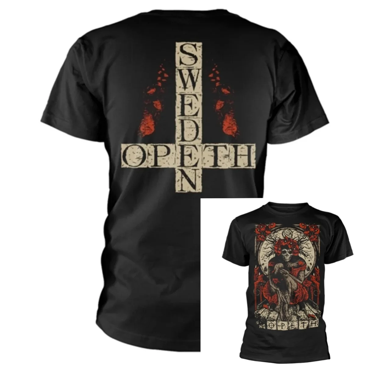 Opeth Graphic T‑Shirt Two‑Sided Gothic Dark Woodcut Theme Print Front Skeleton Lady Crowned with Red Roses