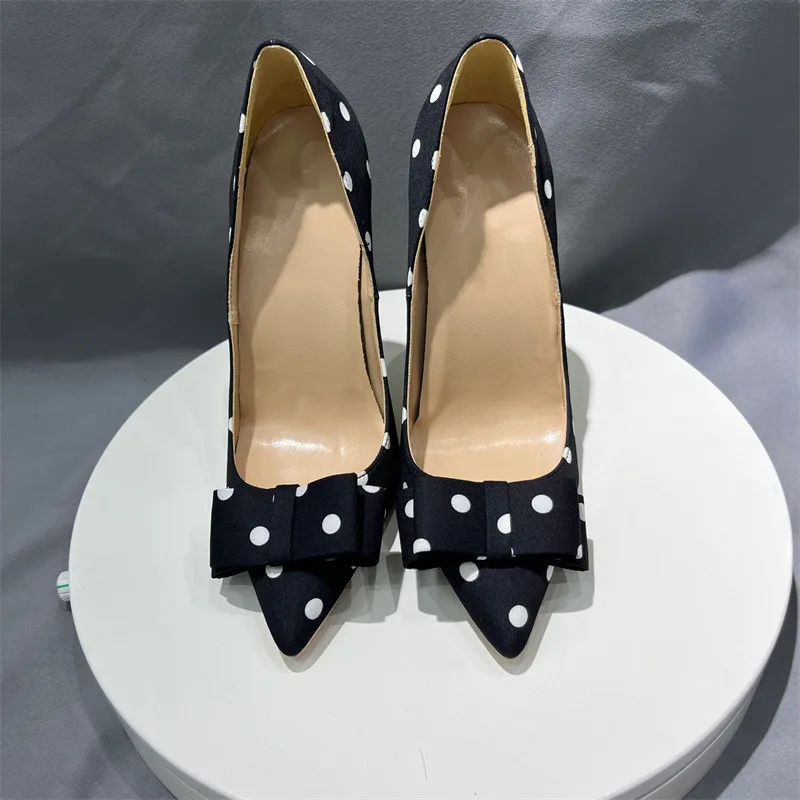 Tikicup Polka Dot Women Black Satin Stiletto High Heels with Bowknot Chic Ladies Designer Dress Shoes Pointed Toe Silk Pumps