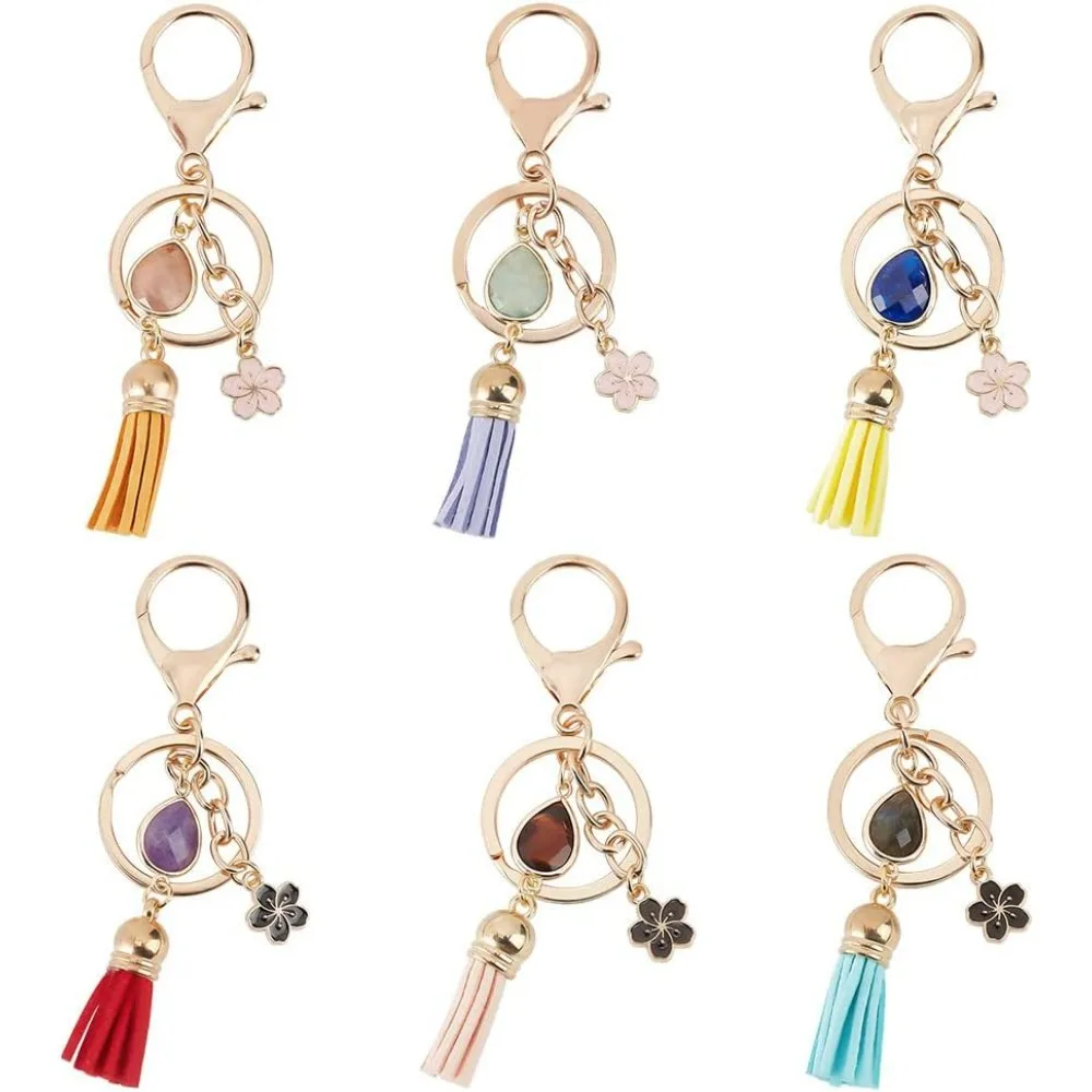 6 Pcs Tassel Keychain, 6 Styles Natural Gemstone Keychain Alloy Enamel Flower Charm Key Rings Car Keychain for DIY Jewelry