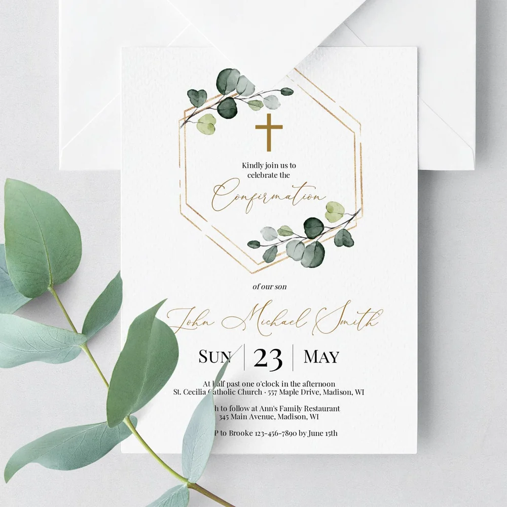 

Personalized Confirmation Invitation Cards, Customizable Confirmation Invitation Cards for Boys, Green and Gold Customizable Inv