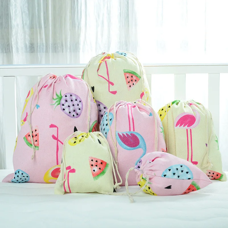 Flamingo Canvas Drawstring Pocket Buggy Bag Clothes Organizer Travel Shoes Cotton Linen Sundries Underwear Storage Bag