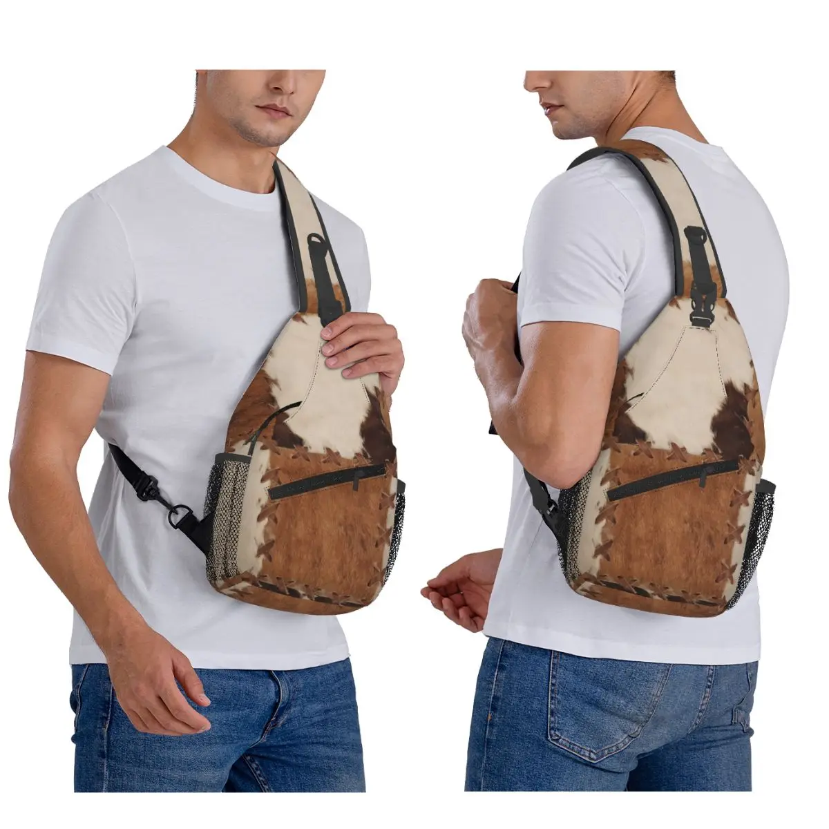 Patchwork Cowhide Rustic Western Decor Chest Bag Men Sling Crossbody Backpack Chest Bag Traveling Hiking Daypack Shoulder Bag