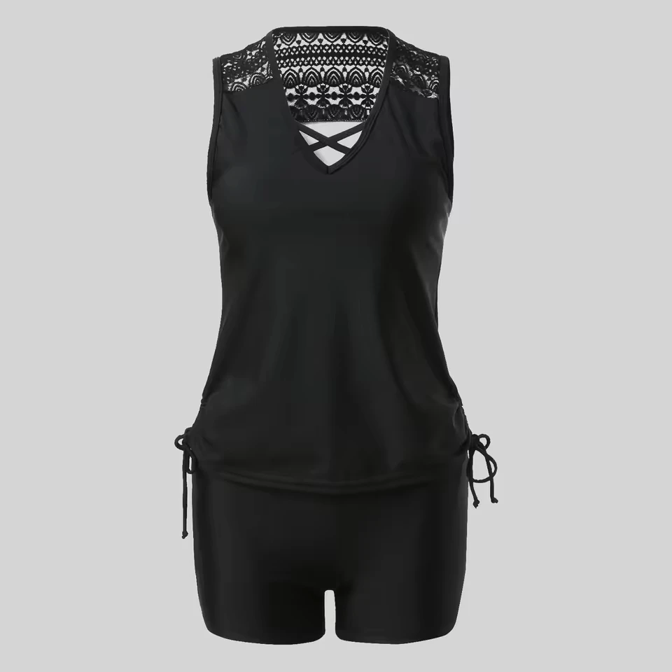 Lace Up Two Piece Tankini Swimsuit For Women Floral Printed Tank Top With Boyshorts Summer Swimsuit Women'S Bikinis And Tankinis