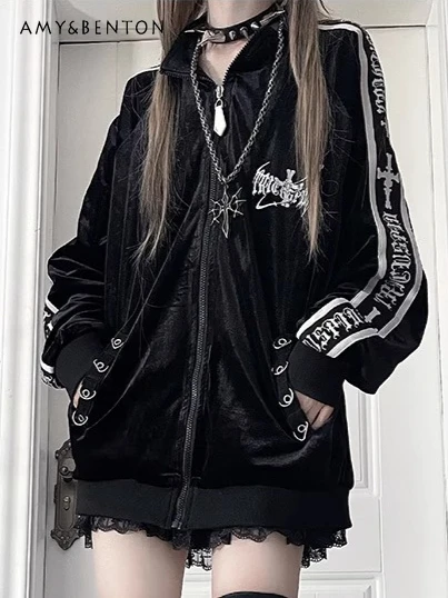 

Original Subculture Goth Velvet Printed Zipper Jacket Autumn New Street Punk Style Dark Loose Sports Coat Harajuku Casual Jacket