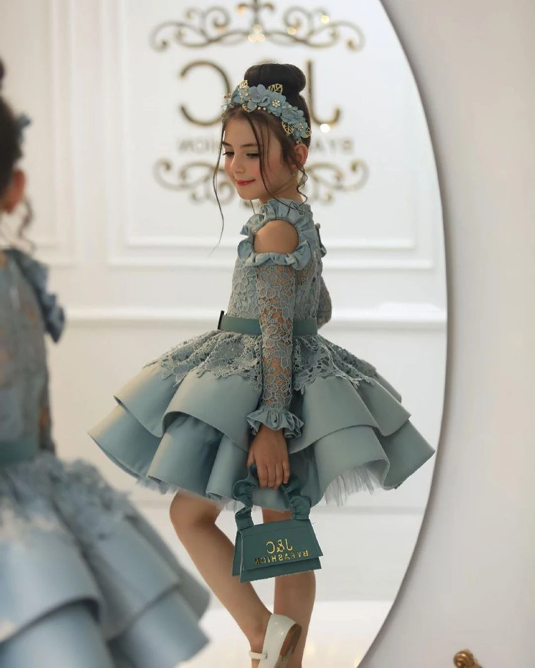 Vestido de princesa de comunión para niños, cuello alto, manga de encaje, falda esponjosa, vestido de baile, fiesta Formal, Junior