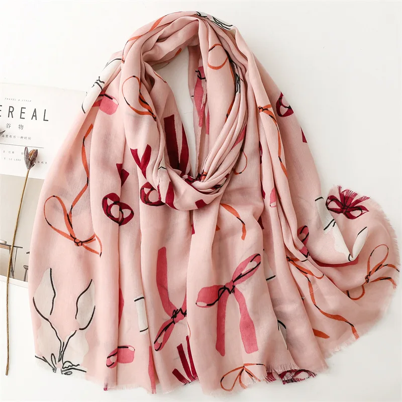 2024 Fashion Bow Print Fringe Scarf Shawls Women Cotton Soft Bowknot Pattern Scarves Hijab Wrap Wholesale 5 Color 10pcs/LOT