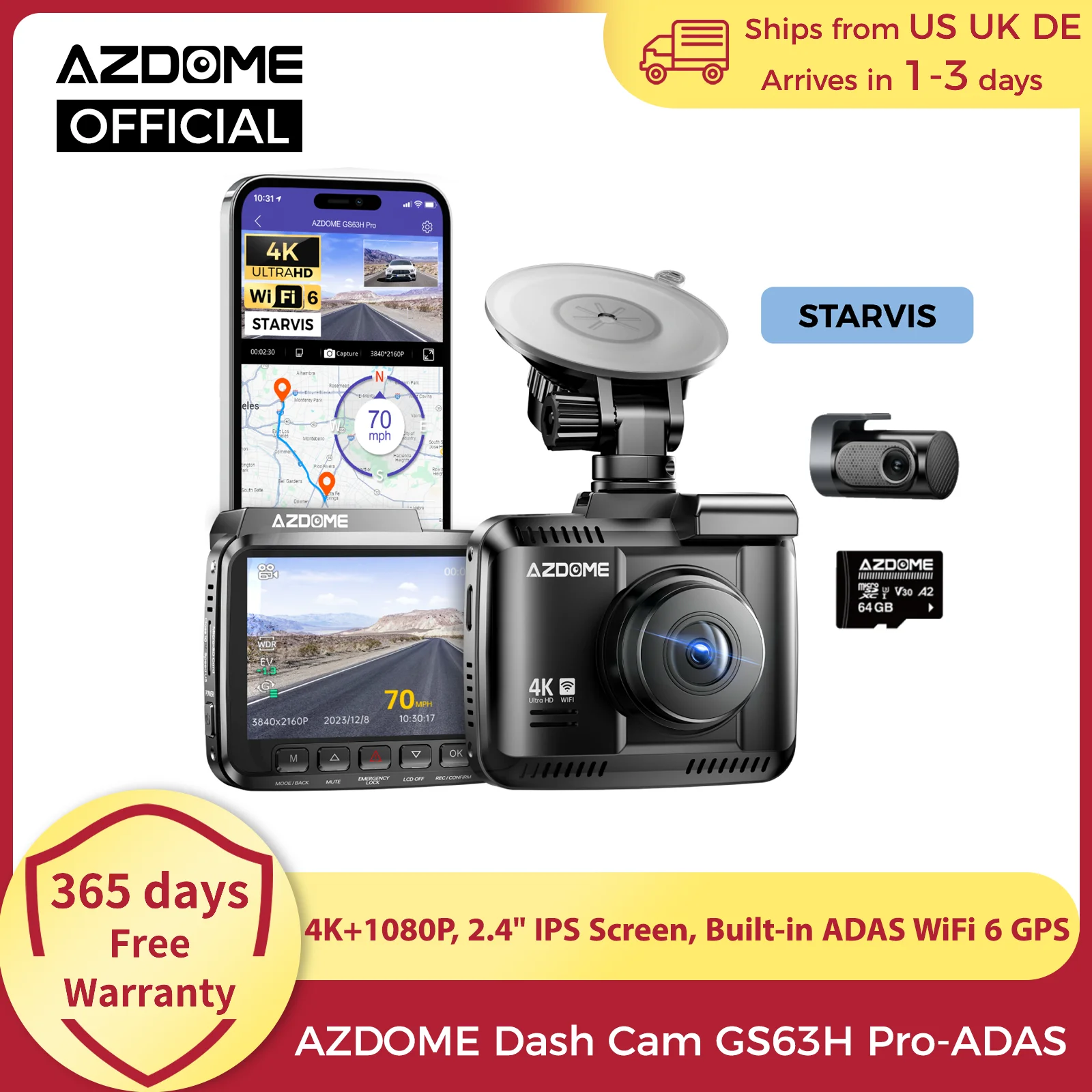 AZDOME Dash Cam GS63H Pro 4K+1080P 2.4