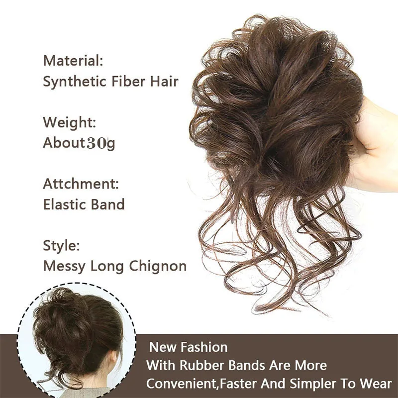 8 inch Synthetic Elegant Messy Curly Elastic Rubber Band Hair Bun Fluffy Easy to Style Suitable for Daily Use Halloween Wig Kpop