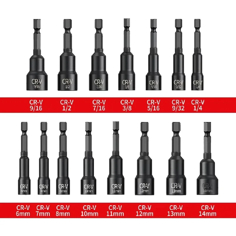 12/15PCS Magnetic Nut Driver Set,Impact Power Hex Nut Driver Drill Bit Master Kit, SAE & Metric,1/4-Inch Quick-Change Cr-V Steel