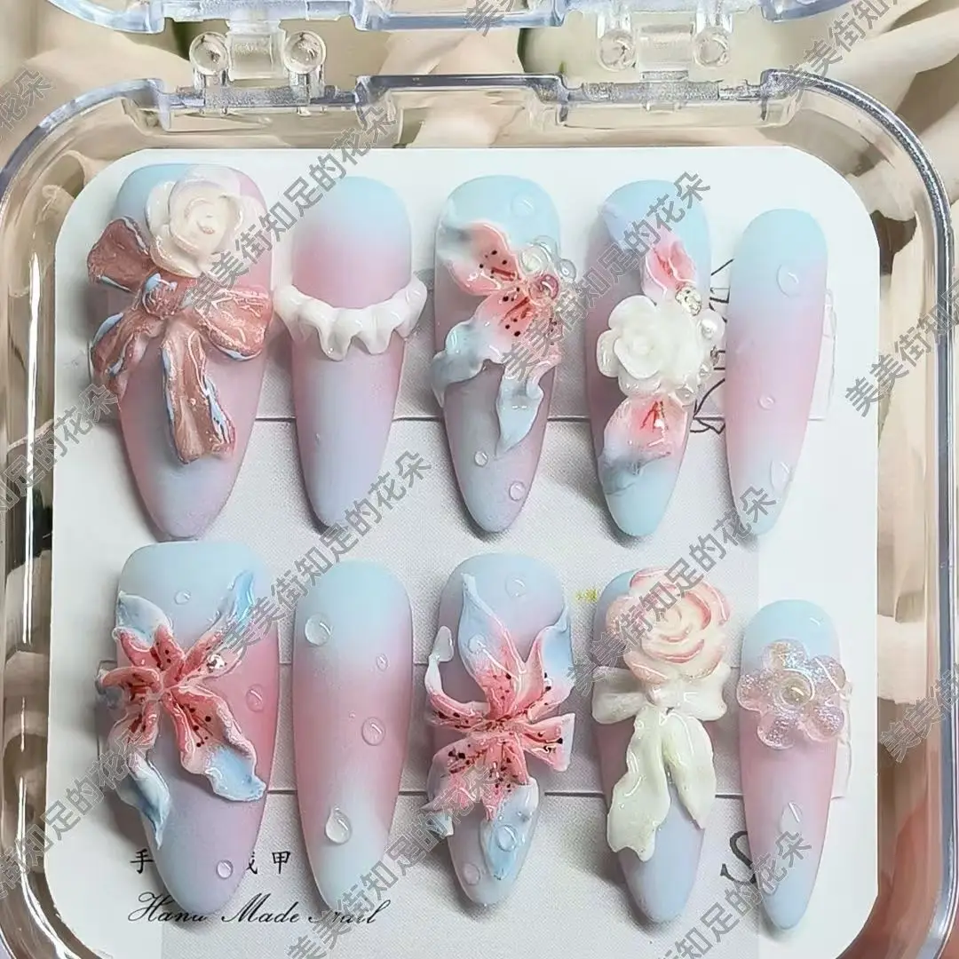 Original Handmade Ice Blue Lily Girl Manicure Wearing Three-dimensional Ice Flower Pink Explosion Nail Spice Girl Round