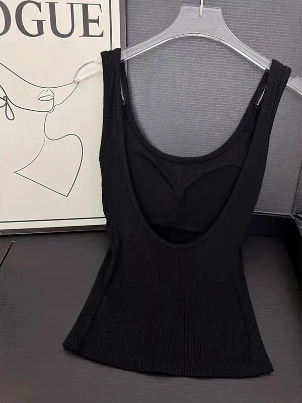Black Backless Vest Women's Slim Fit Top with Chest Pad American Sweet And Spicy Style Design Summer Casual Wear