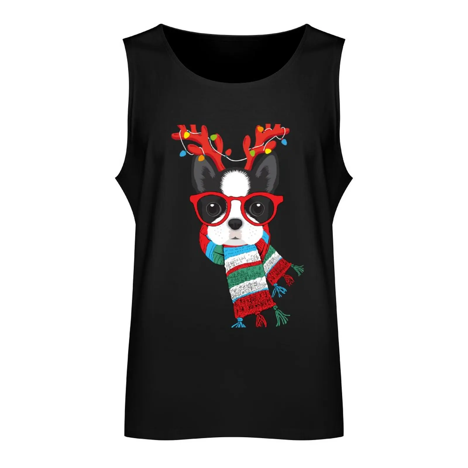 Boston Terrier Xmas Holidays Reindeer Christmas Lights Tank Top Men's gym t-shirt anime gym