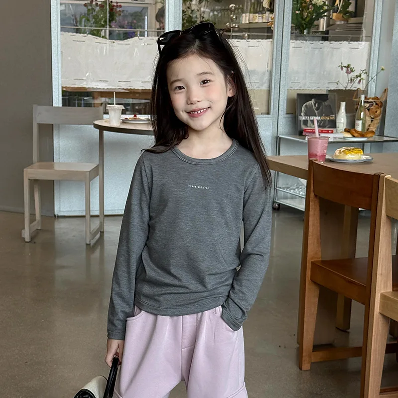 Children Clothing Base Shirt Slim Fit Korean Top Soft and Cloud Like Letter Round Neck Base Shirt Boutique Clothing Simple Style