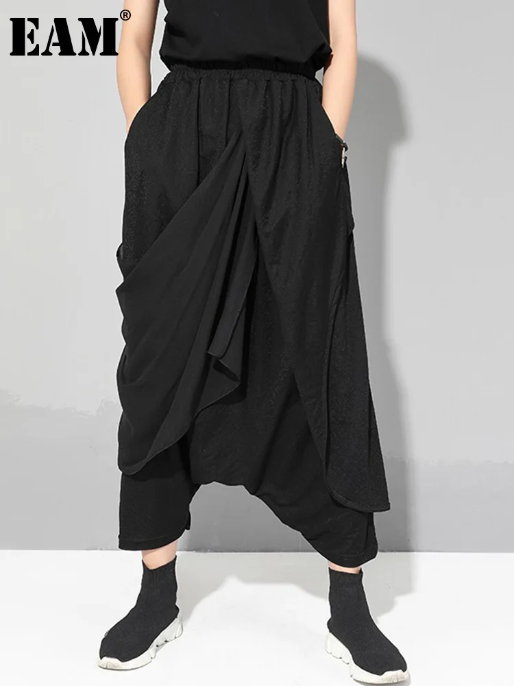 

[EAM] High Elastic Waist Black Irregular Long Harem Trousers New Loose Fit Pants Women Fashion Tide Spring Autumn 2024 1DE7835