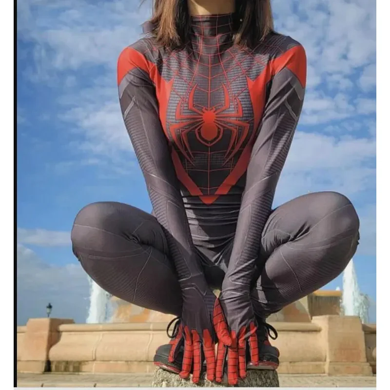 2025 New Woman Spidercosplay Miles Morales PS5 Cosplay Costume Adults Kids Peter Parker Superhero Zentai Bodysuit Party Jum abc